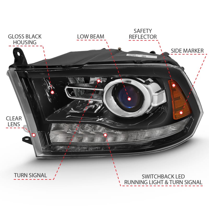 ANZO 2009-2018 Dodge Ram 1500 Projector Plank Style Switchback H.L Halo Black Amber (OE Style) thumbnail 5