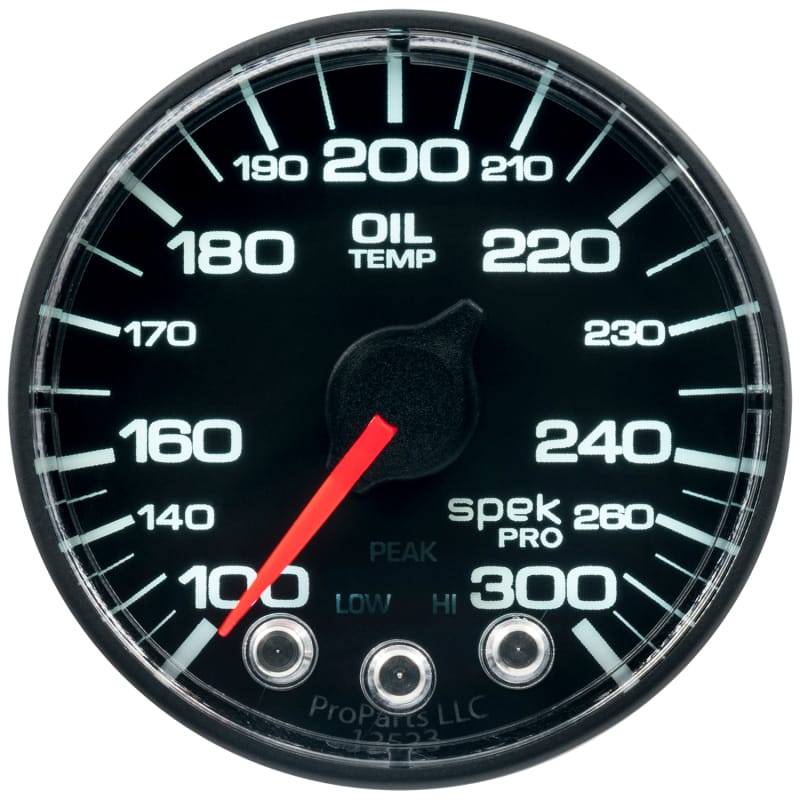 Autometer Spek-Pro Gauge Oil Temp 2 1/16in 300f Stepper Motor W/Peak & Warn Blk/Blk - P322324