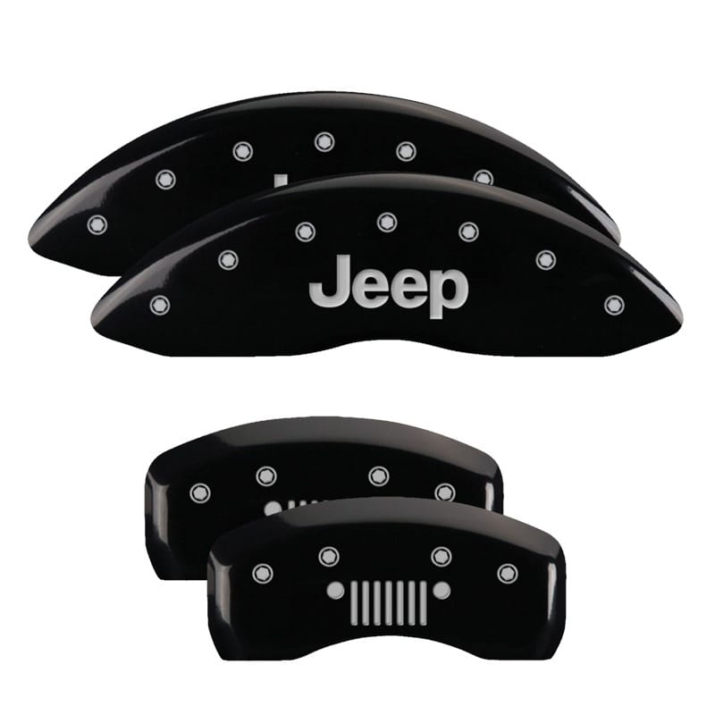 MGP 4 Caliper Covers Engraved Front JEEP Engraved Rear JEEP Grill logo Black finish silver ch - 42003SJPLBK