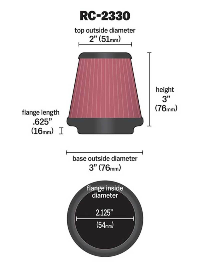 K&N Universal Chrome Filter 2 1/8 inch FLG / 3 inch Bottom / 2 inch Top / 3 inch Height thumbnail 2