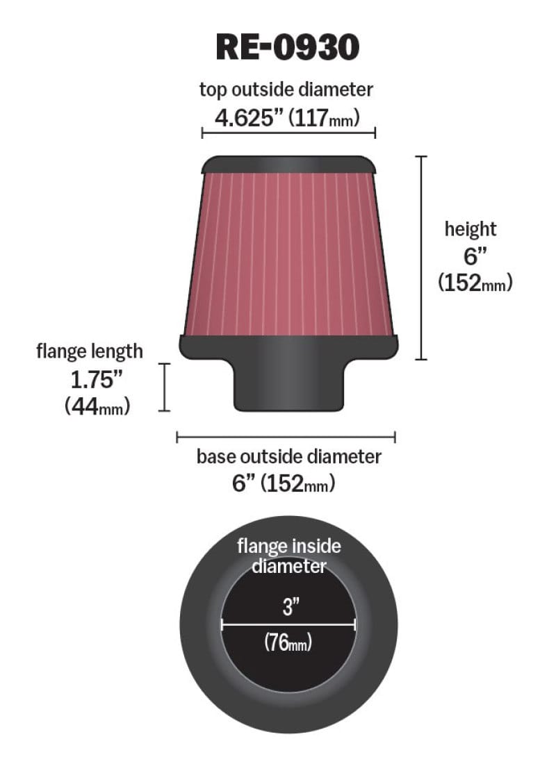 K&N Universal Rubber Filter - Round Tapered 6in Base OD x 3in Flange ID x 6in H thumbnail 5