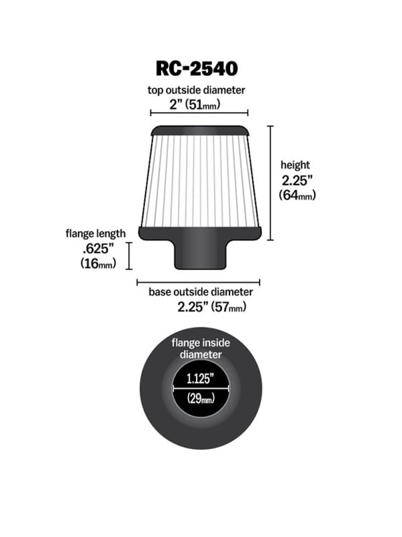 K&N Universal Chrome Filter 1 1/8 inch FLG / 2 1/4 inch Bottom / 2 inch Top / 2.5 inch Height thumbnail 2