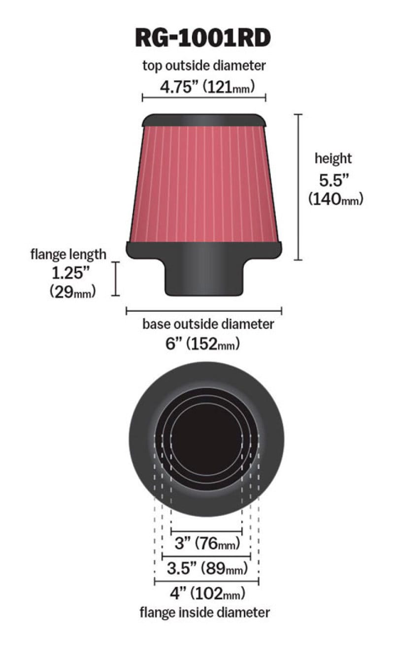 K&N Universal Air Filter Chrome Round Tapered Red - 4in Flange ID x 1.125in Flange Length x 5.5in H thumbnail 4