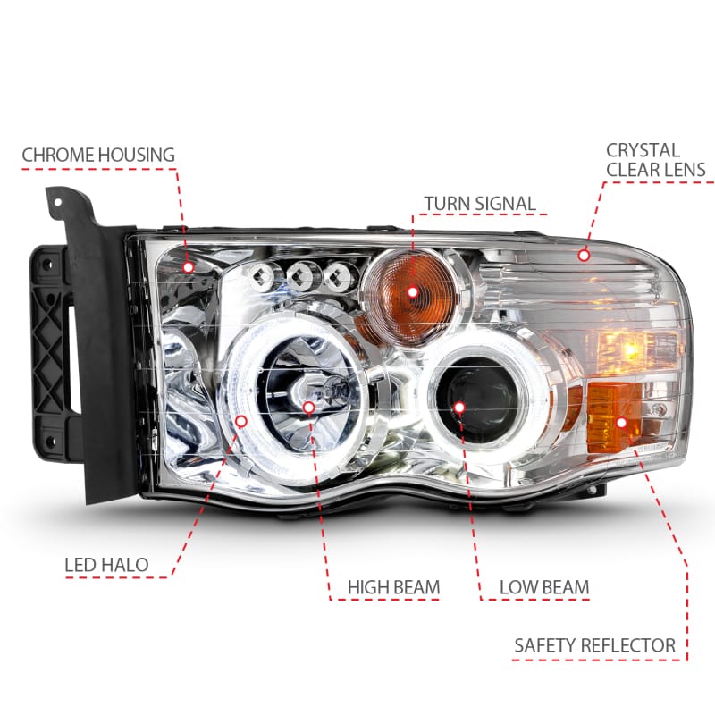ANZO 2002-2005 Dodge Ram 1500 Projector Headlights w/ Halo Chrome Clear Amber thumbnail 5