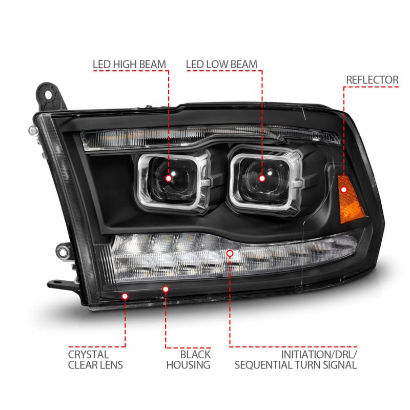 ANZO 09-18 Dodge Ram 1500/2500/3500 Full LED Proj Headlights w/Switchback Light Bar - Black thumbnail 5