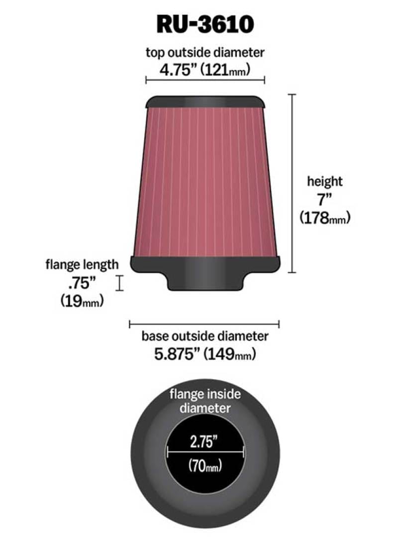 K&N Universal Rubber Filter 2.75in Flange ID x 5.875in Base OD x 4.75in Top OD x 7in Height thumbnail 2