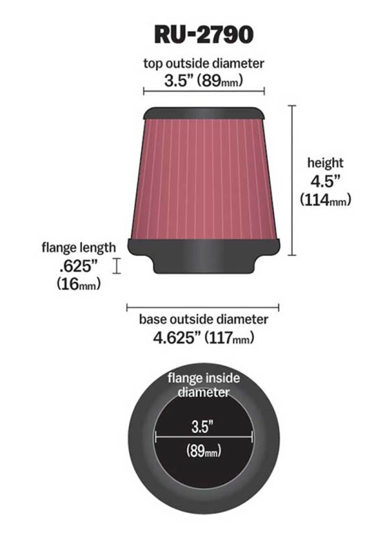 K&N Filter Universal Rubber Filter 3 1/2 inch Flange 4 5/8 inch Base 3 1/2 inch Top 4 1/2 inch Heigh thumbnail 2