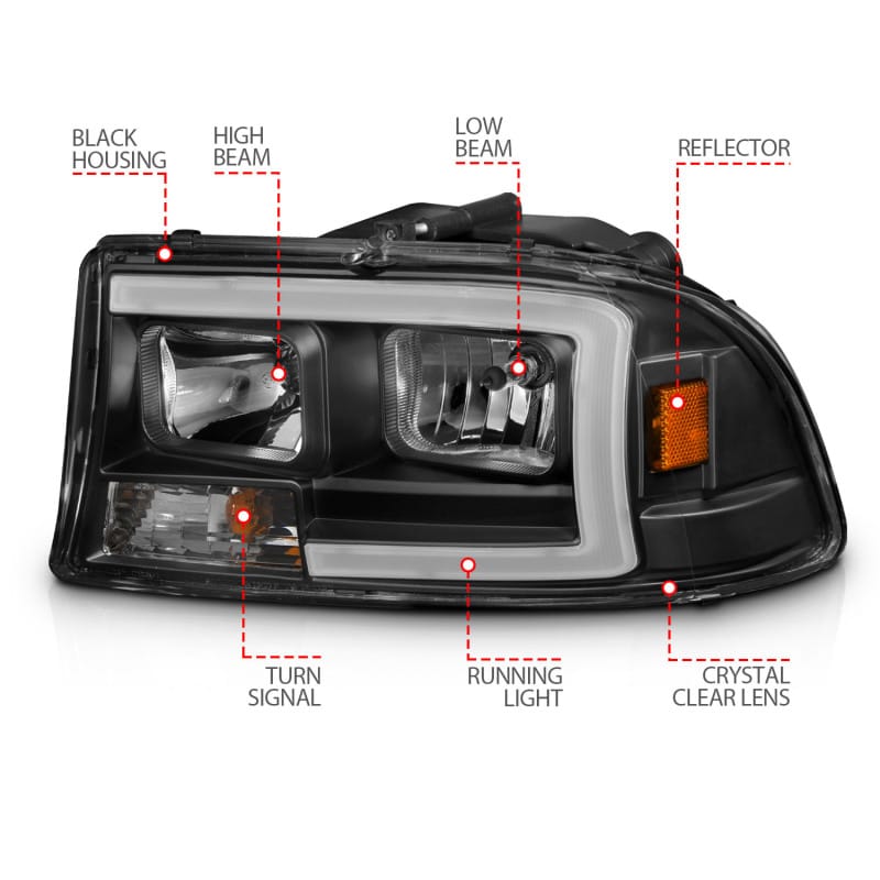 ANZO 97-04 Dodge Dakota/Durango Crystal headlight Set w/ Light Bar Black Housing thumbnail 5