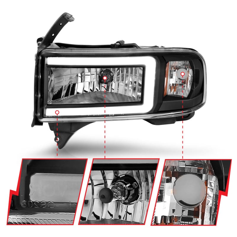 ANZO 94-02 Dodge RAM Crystal Headlight - w/ Light Bar Black Housing thumbnail 4