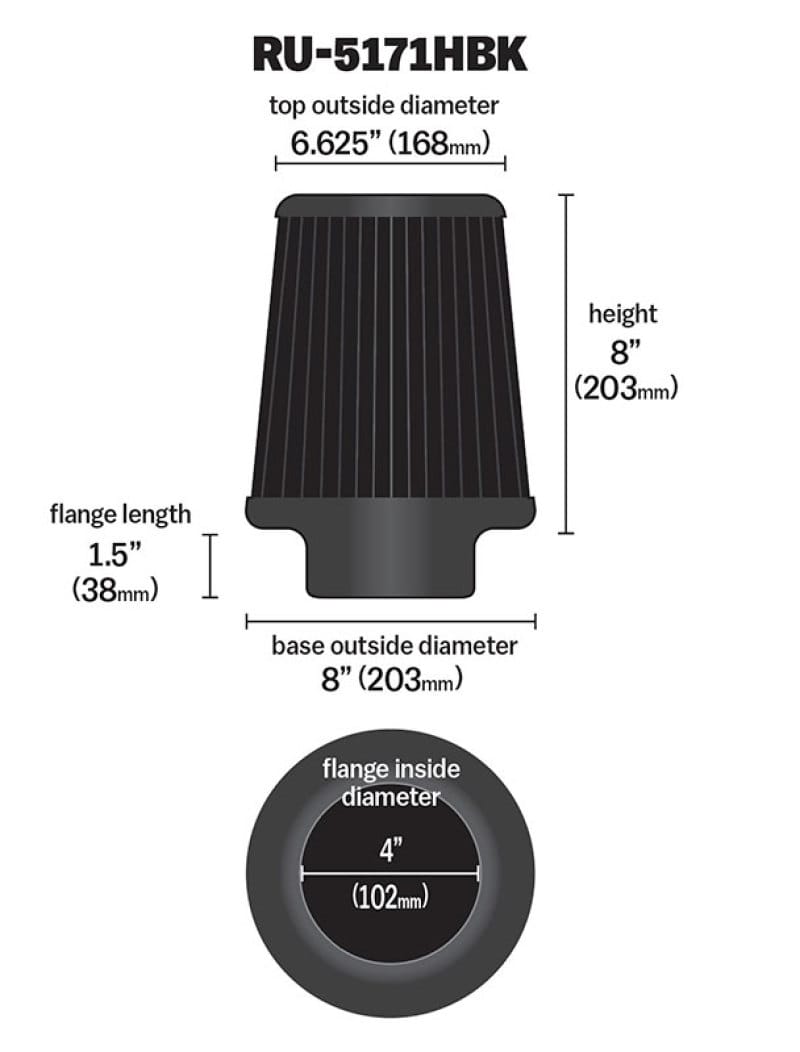 K&N Universal Rubber Filter-Round Tapered 4in Flange ID x 8in Base OD x 6.625in Top OD x 8in H thumbnail 4