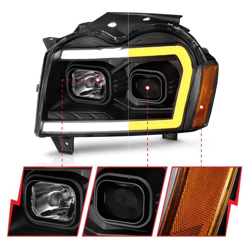 ANZO 2005-2007 Jeep Grand Cherokee Projector Headlights w/ Light Bar Switchback Black Housing thumbnail 4