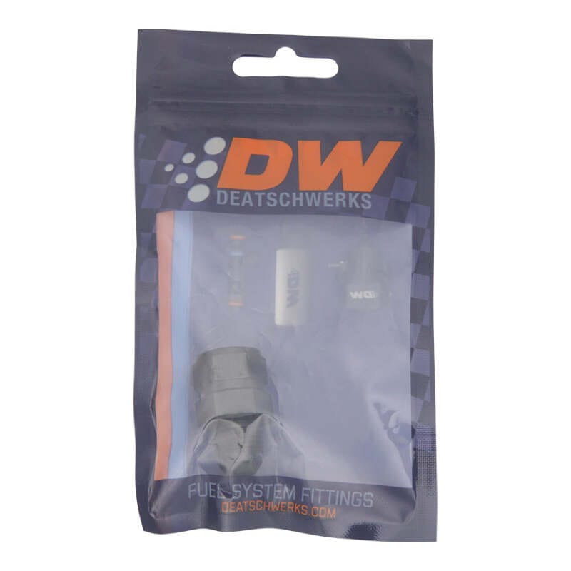 DeatschWerks 6AN Male Flare to Fuel Pump Outlet Barb Adapter - Anodized Matte Black thumbnail 2
