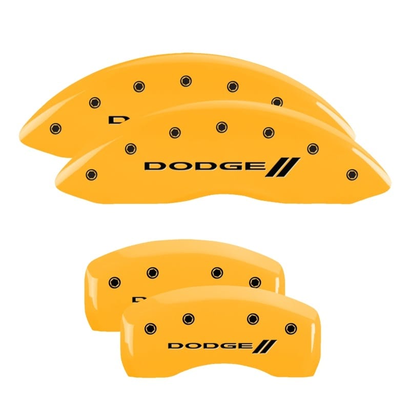 MGP 4 Caliper Covers Engraved Front & Rear With stripes/Dodge Yellow finish black ch - 12192SDD3YL