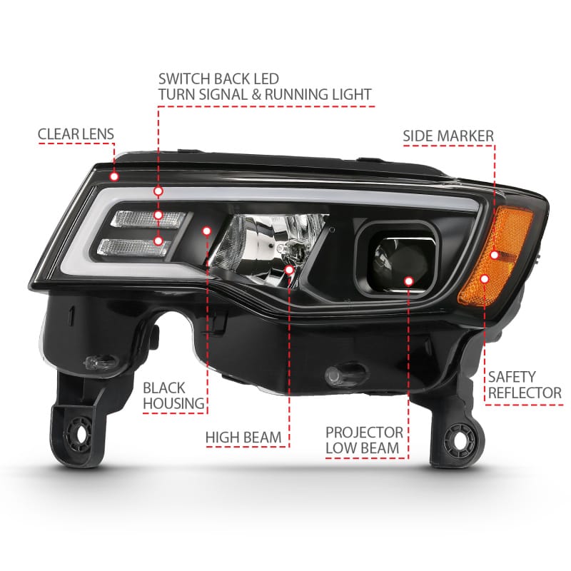 ANZO 2017-2018 Jeep Grand Cherokee Projector Headlights w/ Plank Style Switchback - Black w/ Amber thumbnail 7