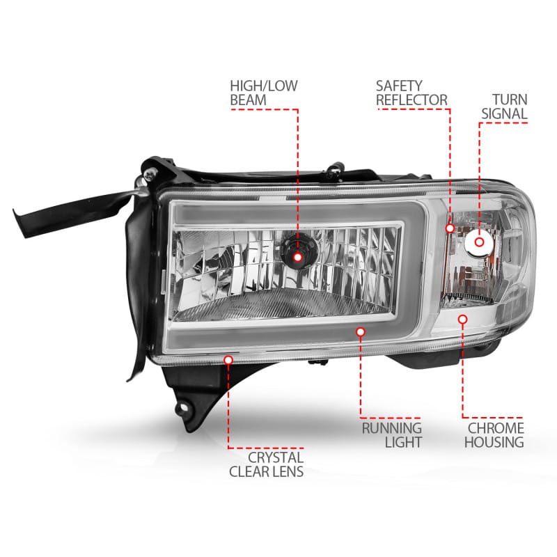 ANZO 94-02 Dodge RAM Crystal Headlight - w/ Light Bar Chrome Housing thumbnail 5