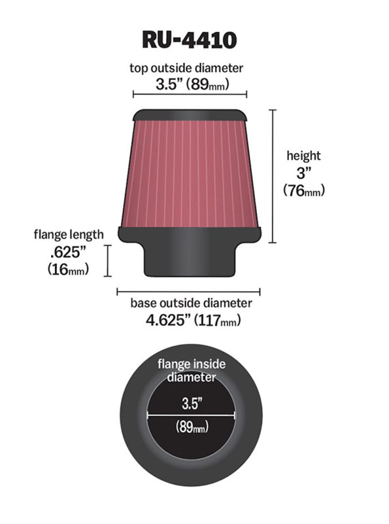K&N Filter Universal Rubber Filter 3 1/2 inch Flange 4 5/8 inch Base 3 1/2 inch Top 3 inch Height thumbnail 2