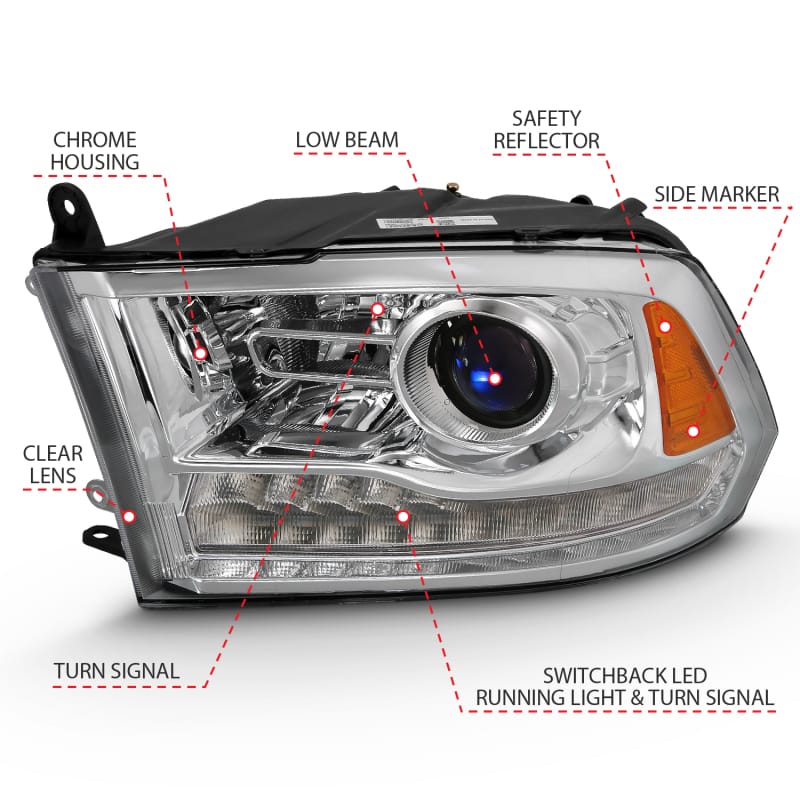 ANZO 2009-2018 Dodge Ram 1500 Projector Plank Style Switchback H.L Halo Chrome Amber (OE Style) thumbnail 4