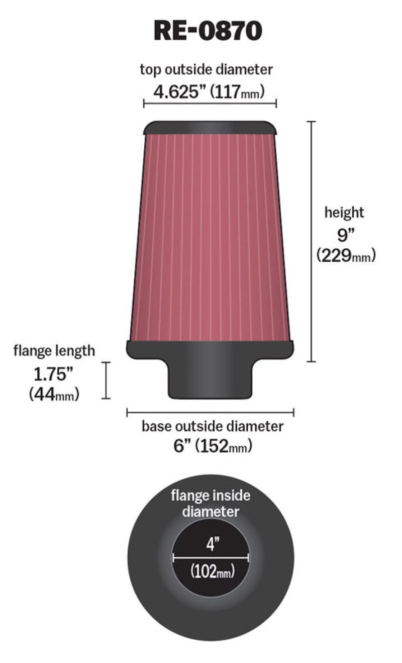 K&N Universal Rubber Filter 4inch FLG / 6inch OD-B / 4-5/8inch OD-T / 9inch H thumbnail 6