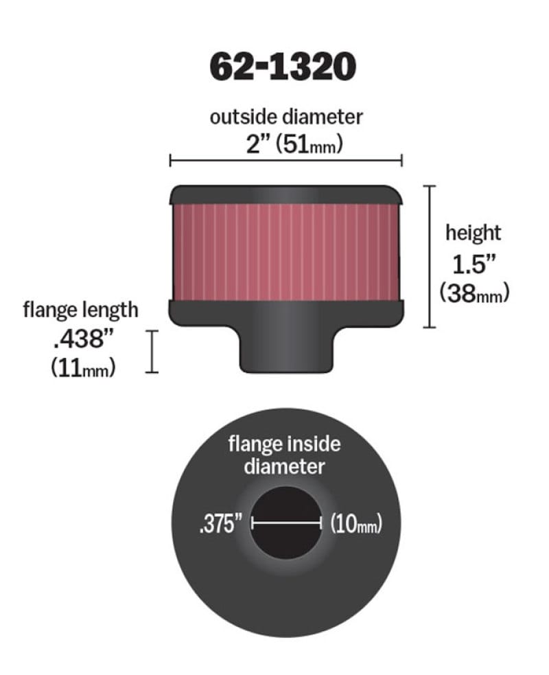 K&N Clamp On Rubber Base Crankcase Vent Filter 0.375in Flange ID x 2in OD x 1.5in Height thumbnail 4
