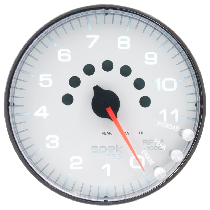 Autometer Spek-Pro Gauge Tachometer 5in 11K Rpm W/Shift Light & Peak Mem White/Black - P239128