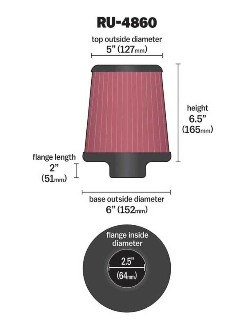 K&N Filter Universal Rubber Filter 2 1/2 inch Flange 6 inch Base 5 inch Top 6 1/2 inch Height thumbnail 2