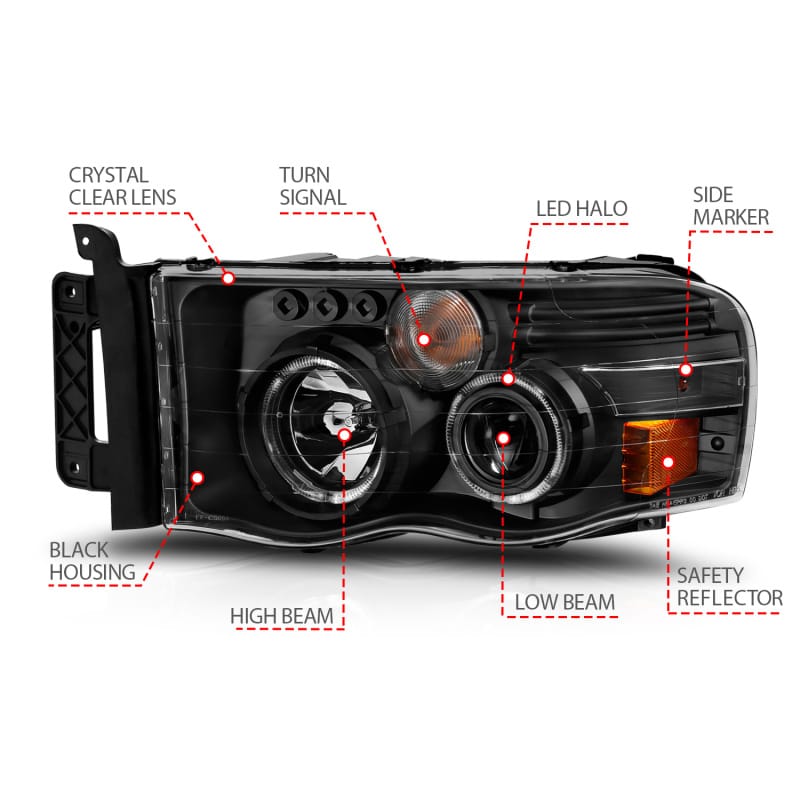 ANZO 2002-2005 Dodge Ram 1500 Projector Headlights w/ Halo Black Clear Amber thumbnail 5