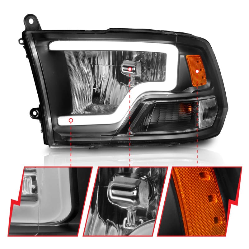 ANZO 2009-2018 Dodge Ram 1500 Crystal Headlights w/ Light Bar Black Housing thumbnail 4