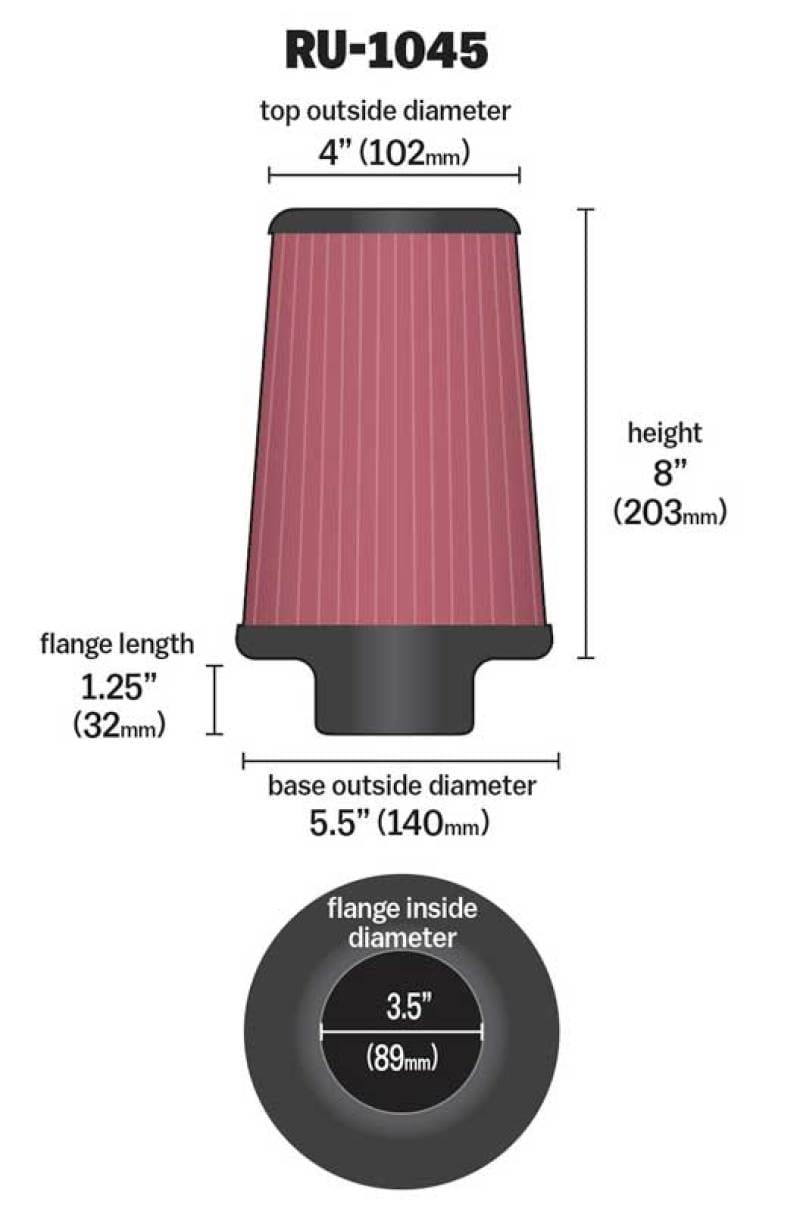 K&N Universal Tapered Filter 3.5in Flange ID x 5.5in Base OD x 4in Top OD x 8in Height thumbnail 3