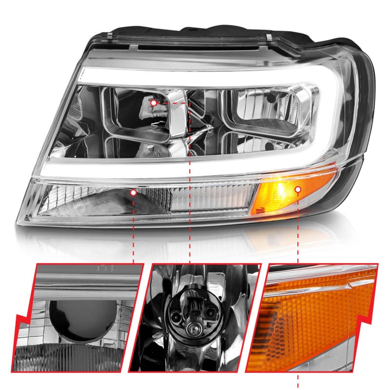 ANZO 1999-2004 Jeep Grand Cherokee Crystal Headlights w/ Light Bar Chrome Housing thumbnail 4