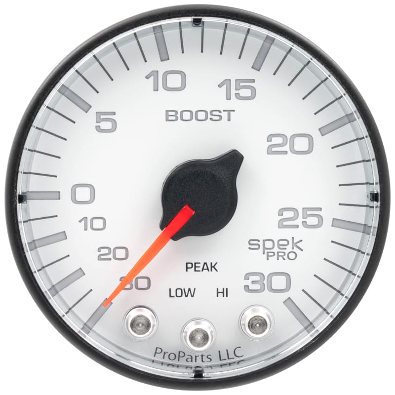 Autometer Spek-Pro Gauge Vac/Boost 2 1/16in 30Inhg-30psi Stepper Motor W/Peak & Warn White/Black - P302128