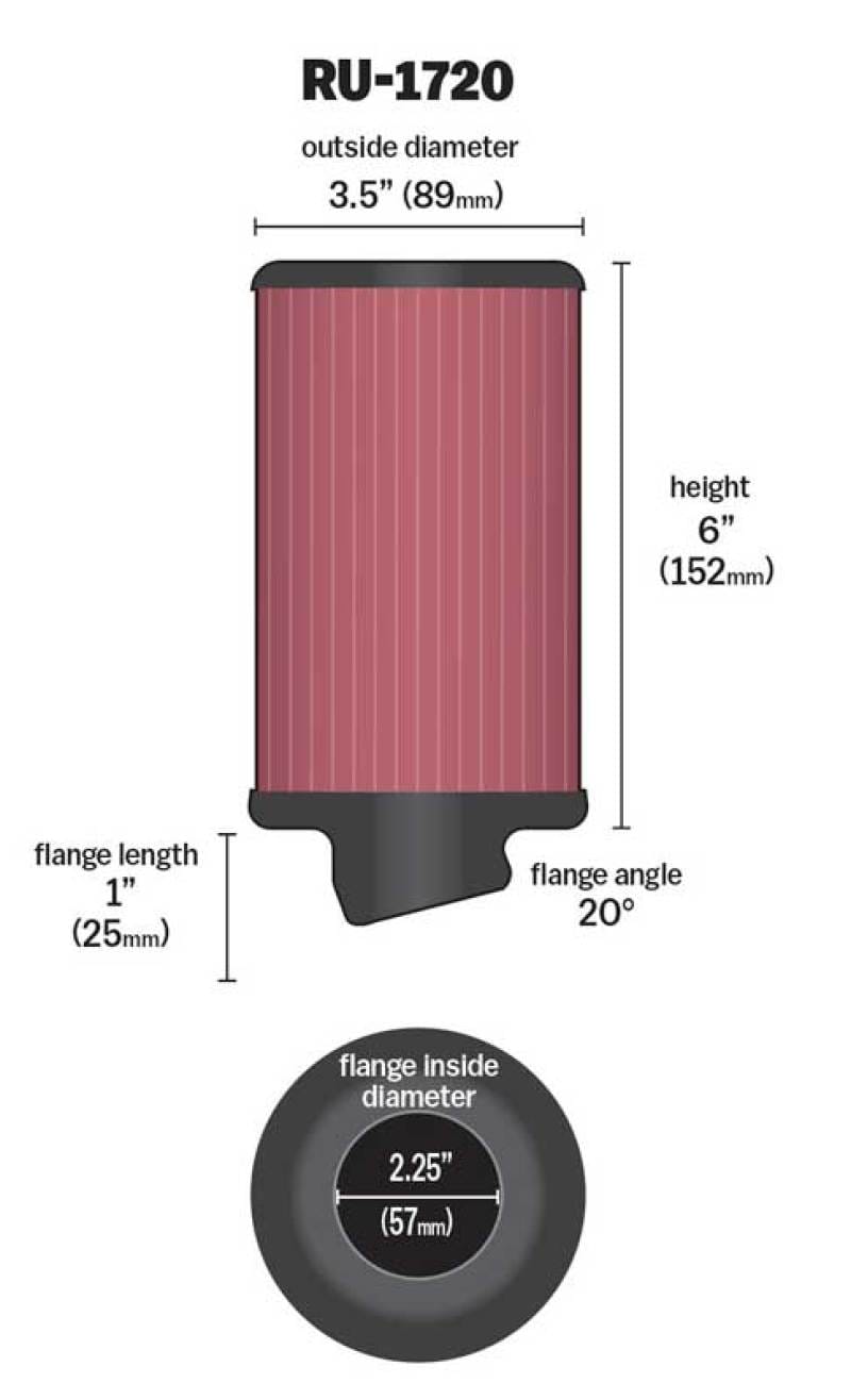 K&N Filter Universal Rubber Round Air Filter 20 Deg Flange Angle 2.25in Flange ID x 3.5in OD x 6in H thumbnail 2