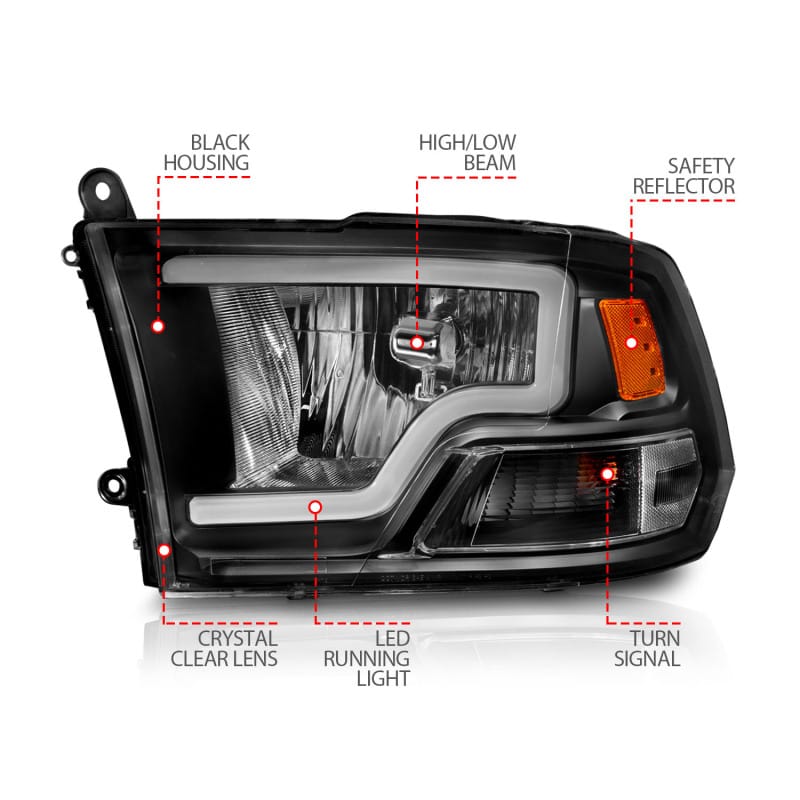 ANZO 2009-2018 Dodge Ram 1500 Crystal Headlights w/ Light Bar Black Housing thumbnail 5