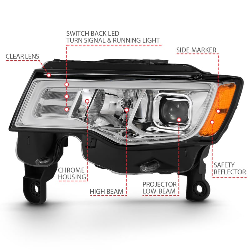 ANZO 2017-2018 Jeep Grand Cherokee Projector Headlights w/ Plank Style Switchback - Chrome w/ Amber thumbnail 7