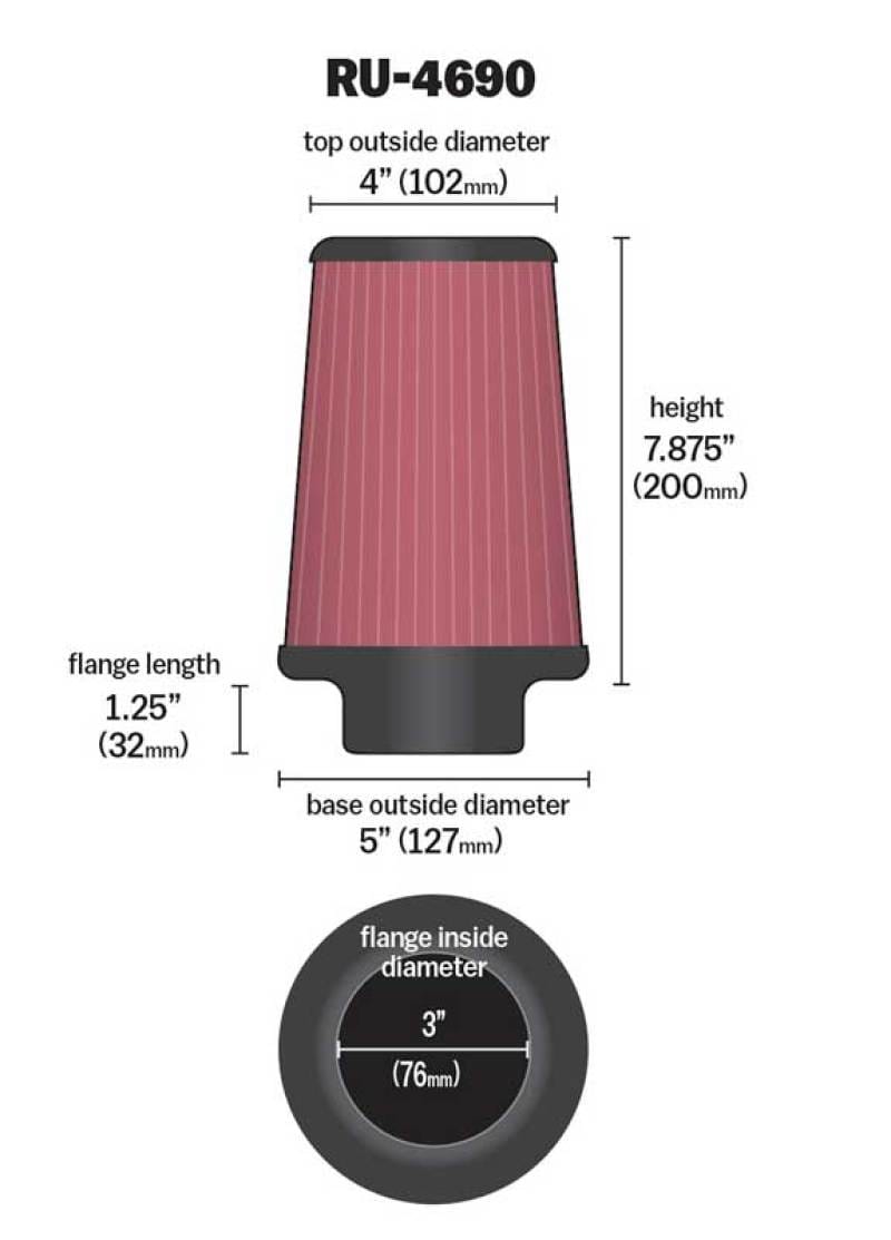 K&N Universal Round Tapered Filter 3 inch FLG / 5 inch Bottom / 4 inch Top / 7 7/8 inch Height thumbnail 3