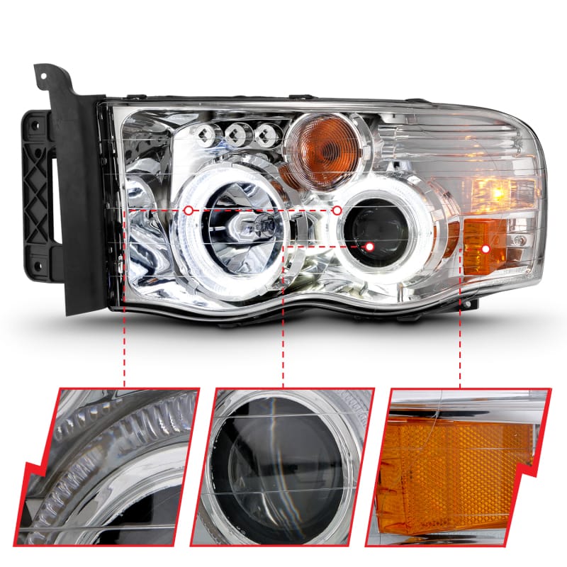 ANZO 2002-2005 Dodge Ram 1500 Projector Headlights w/ Halo Chrome Clear Amber thumbnail 4