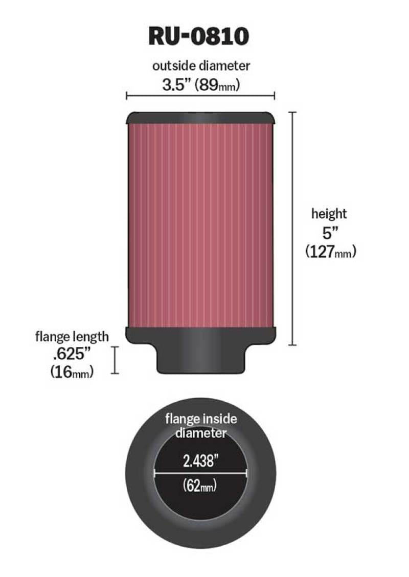 K&N Universal Rubber Filter 2.438in Flange ID x 3.5in OD x 5in Height for 97-98 Yamaha TDM850 thumbnail 2