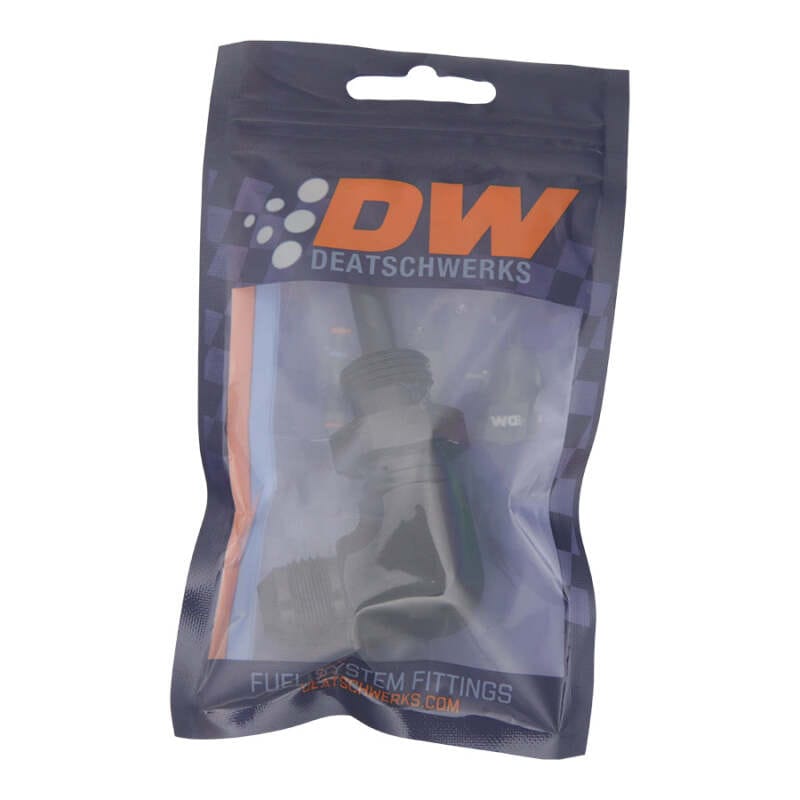 DeatschWerks 8AN Male Flare to 5/16in Male Barb Bulkhead Adapter 90-Degree - Anodized Matte Black thumbnail 2
