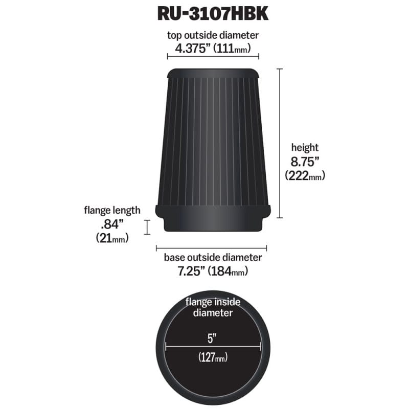 K&N Universal Air Filter (5in Flange / 6-1/2in Base / 4-3/8in Top OD / 8-3/4in Height) thumbnail 3