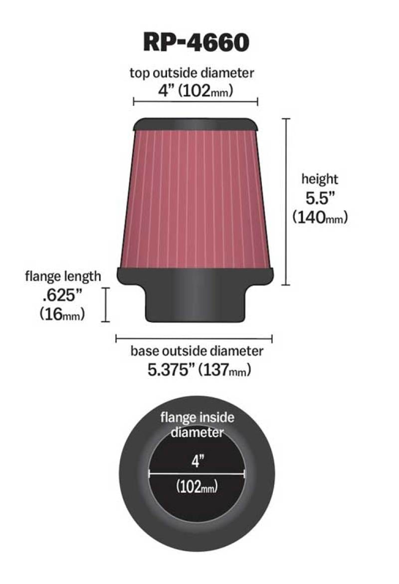 K&N Universal Air Filter - Round Tapered 4in Flange ID / 5.375in Base OD / 4in Top OD / 5.5in H thumbnail 2
