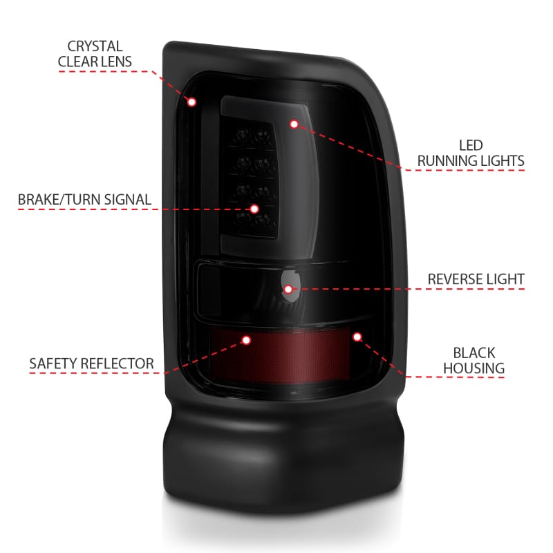 ANZO 1994-2001 Dodge Ram 1500 LED Taillights Plank Style Black w/Smoke Lens thumbnail 5