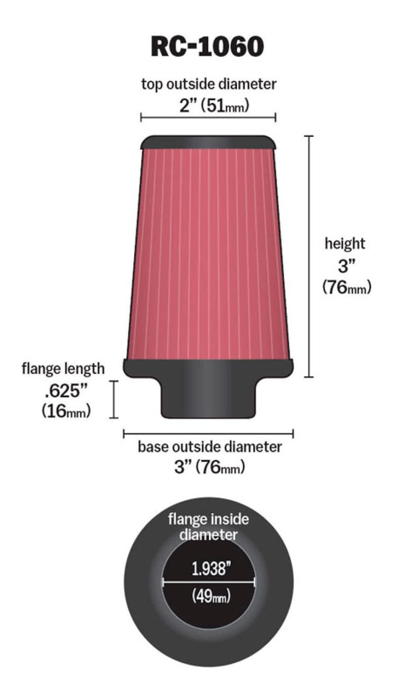 K&N Universal Chrome Filter 1 15/16 inch FLG / 3 inch Base / 2 inch Top / 3 inch Height thumbnail 3