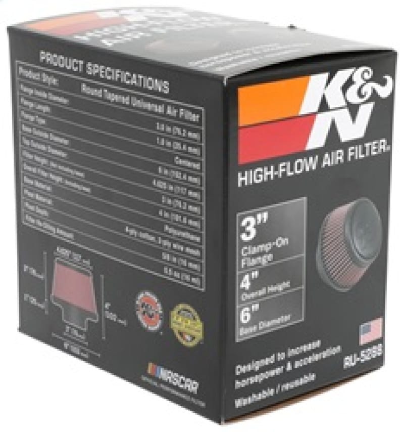 K&N Universal Round Clamp-On Air Filter 3in Flange ID x 6in Base OD x 4.625in Top OD x 3in Height thumbnail 2