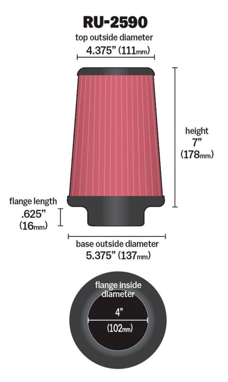 K&N Filter Universal Rubber Filter 4 inch Flange 5 3/8 inch Base 4 3/8 inch Top 7 inch Height thumbnail 4