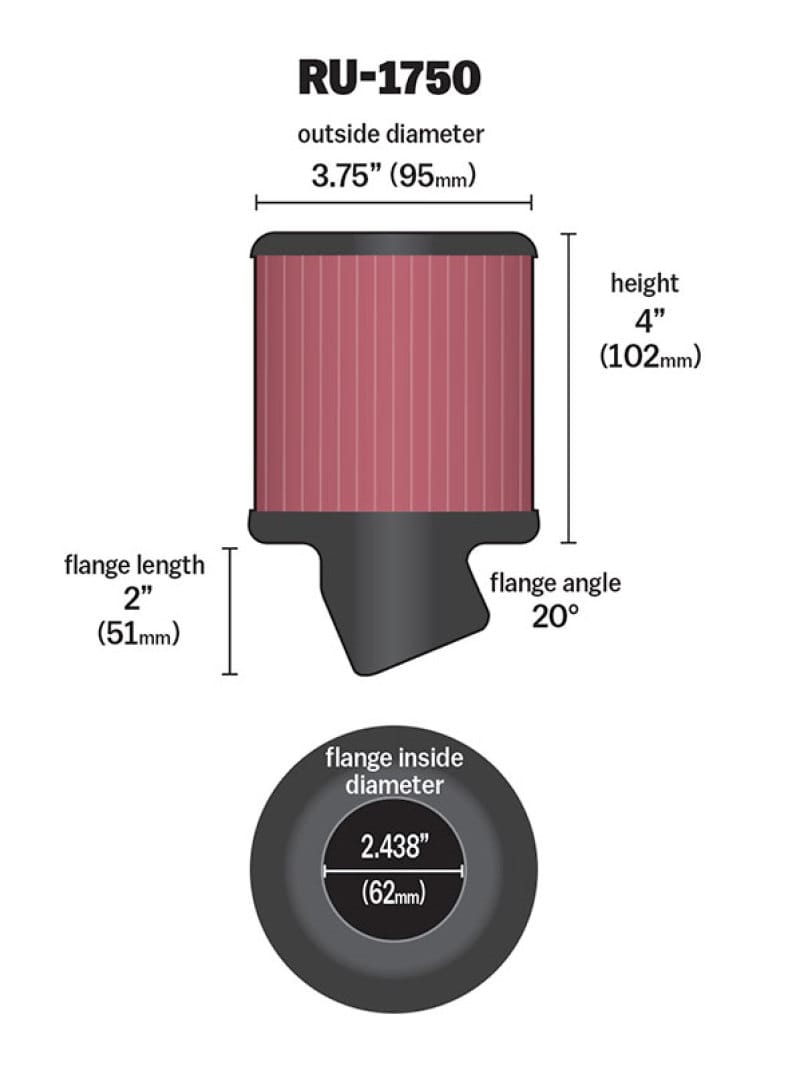 K&N Filter Universal Rubber Round Straight Filter 20 Deg Angled 2-7/16in Flange 3-3/4in OD 4in H thumbnail 3