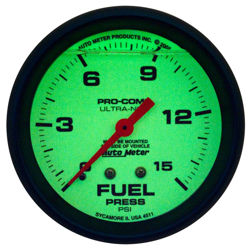 Autometer Ultra-Nite 2-5/8in 15psi Mechanical Glow In The Dark Fuel Pressure Gauge thumbnail 2