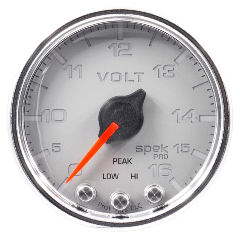 Autometer Spek-Pro Gauge Voltmeter 2 1/16in 16V Stepper Motor W/Peak & Warn Slvr/Chrm - P34421