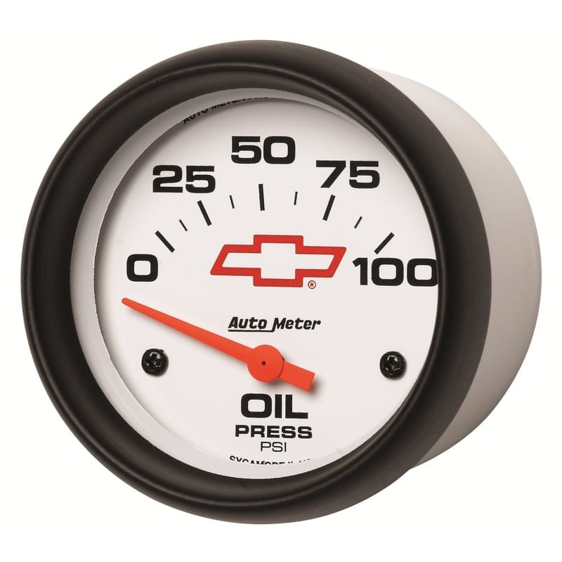 AutoMeter Gauge Oil Pressure 2-5/8in. 100PSI Electric Chevy Red Bowtie White thumbnail 2
