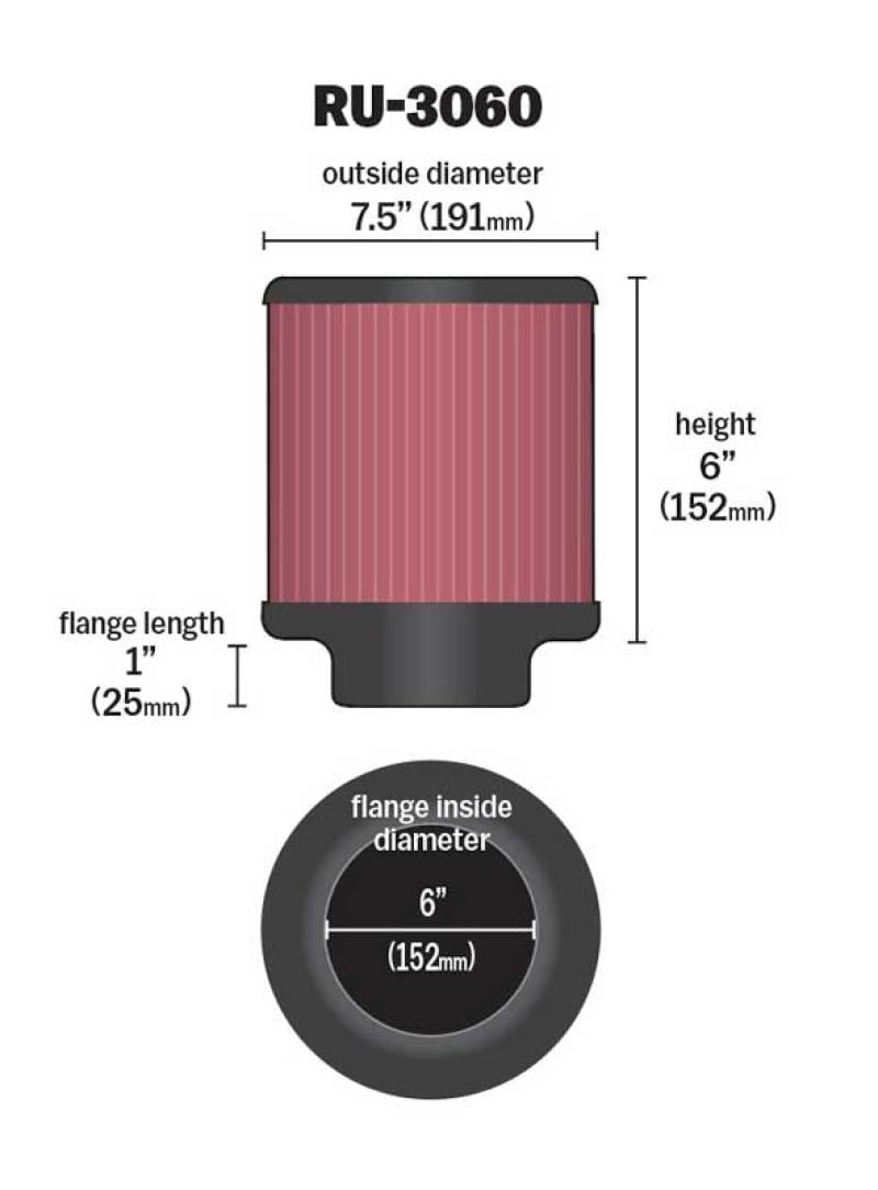 K&N Universal Rubber Filter 6in Flange ID / 7.5in OD / 6in Height / Round Straight thumbnail 2