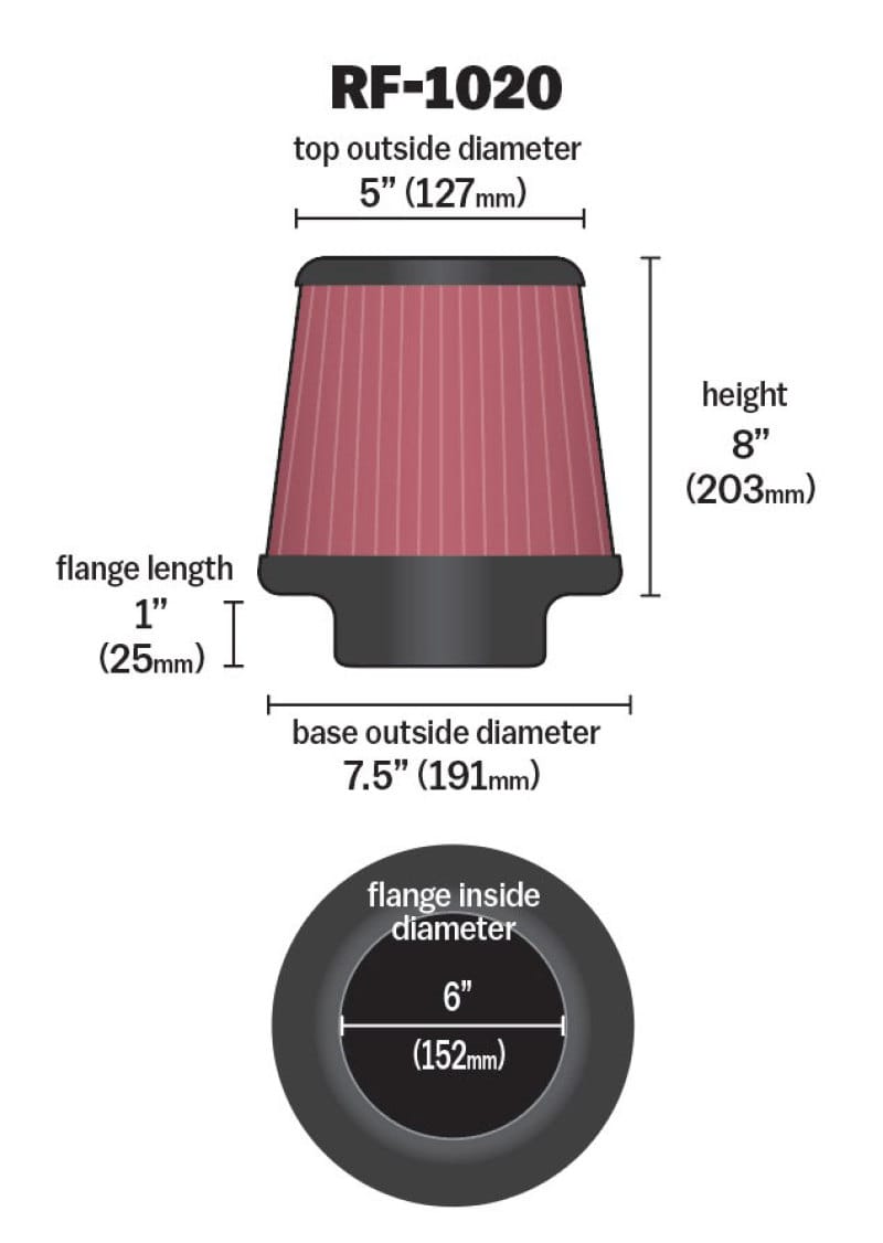 K&N Universal Air Filter 6in Flange ID x 7.5in Base / 5in OD Top x 8in H thumbnail 2