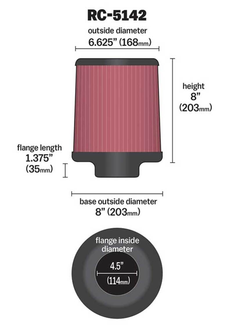 K&N Universal Clamp-On Air Filter inch FLG 4.5inch Base 4 inch Top 4-1/2in FLG 8in Base thumbnail 2